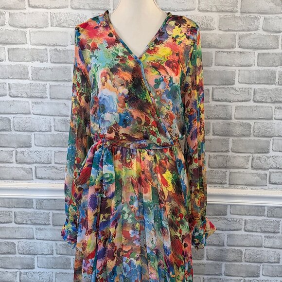 Karen J Chiffon Watercolor Floral Maxi Dress Long Sleeve L Made in USA Feminine - Picture 2 of 10